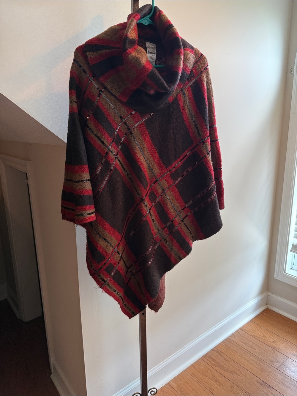 Chico’s Plaid Cowl Neck Poncho Sweater - Red & Brown